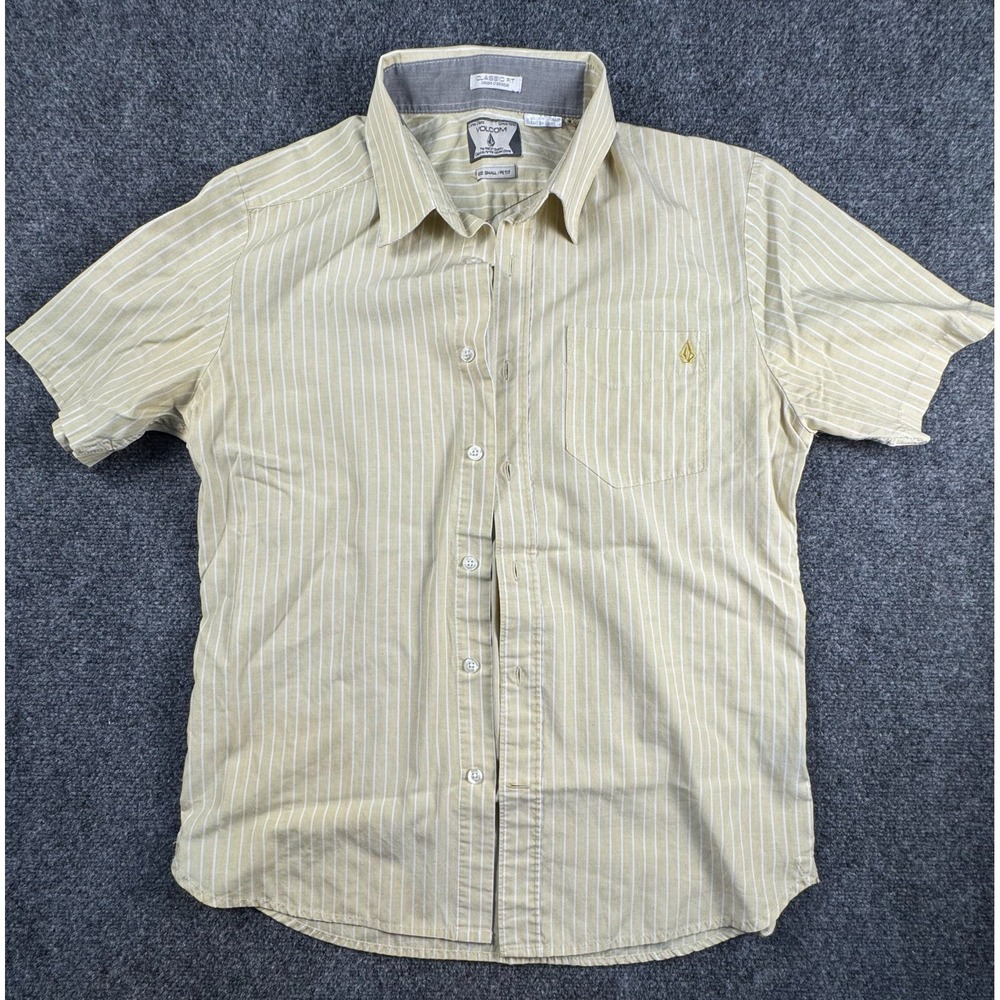 Volcom Mens Yellow Classic Fit Long Sleeve Button Up Striped Shirt Size Small